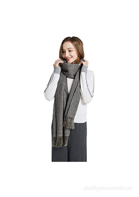 PACIBE Winter Large Soft Tassel Wool Plaid Cashmere Scarf for Women