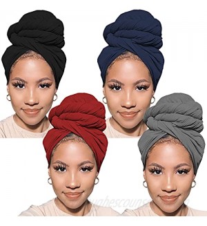 PWEOUKE 4 Pieces Long Stretch Turban Head Wrap for Black Women Knit Hair Scarf Breathable Edge Wrap Scarf for Night Lightweight