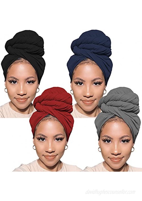 PWEOUKE 4 Pieces Long Stretch Turban Head Wrap for Black Women Knit Hair Scarf Breathable Edge Wrap Scarf for Night Lightweight
