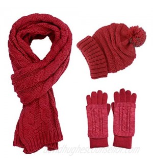 Women Scarf Gloves Hat Set  Pom Beanie Touch Screen Gloves Long Scarf Soft Warm Thick Cable Knit 3PCS Cold Weather Winter Set