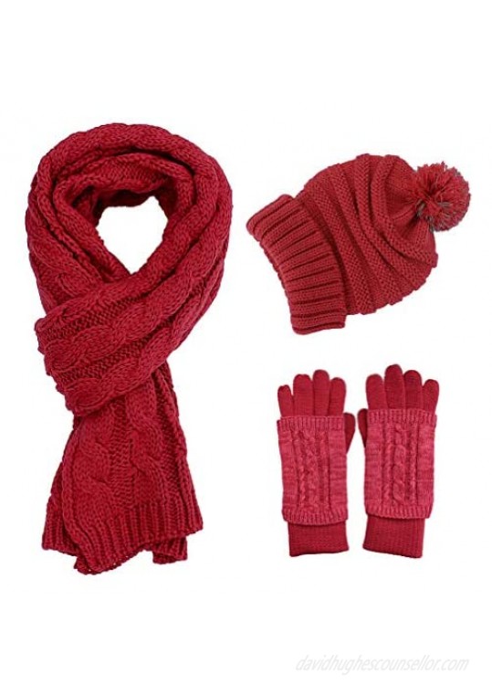 Women Scarf Gloves Hat Set  Pom Beanie Touch Screen Gloves Long Scarf Soft Warm Thick Cable Knit 3PCS Cold Weather Winter Set