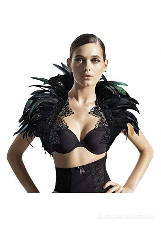 ZAKIA Women's Black Real Feather Shrug Shawl Wrap Lace Collar Halloween Costume Scarf Feather Bow Cape