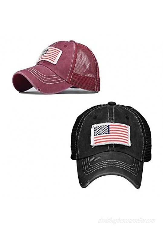 2 Pack Women & Men Baseball Cap with American Flag high Ponytail Hole New Unisex Summer Messy Hair Bun Pony Cap Embroidery Mesh Retro Adjustable Sports Low Profile Trucker Washed Dad Sun hat Black/Red