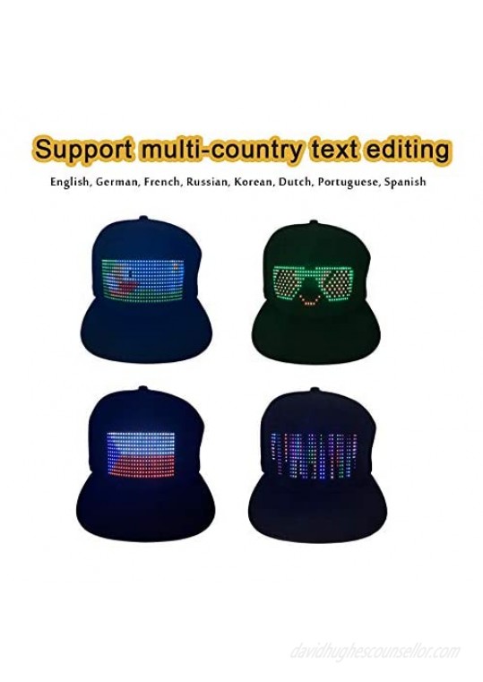 Multi-Language Bluetooth LED Smart Cap Customized Bluetooth Hat Mobile APP Control Editing LED Display Hat Led Lamp Word (Text Music Image Drawing) for Party Club Christmas Halloween Black