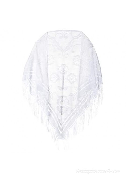 CAPTAIN Fine Soft Lace Shawl Wrap Leaf Designed Scarf Cape Poncho with Fringes For Women
