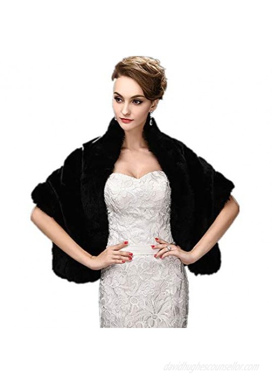 CHITONE Women's Black Faux Fur Wrap Cape Stole Shawl Shrug for Wedding/Party/Show
