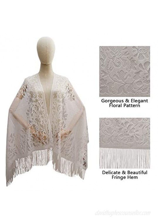 Ladiery Women's Floral Lace Scarf Shawl with Tassels Soft Mesh Fringe Wraps for Wedding Evening Party Dresses