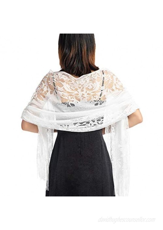 Ladiery Women's Floral Lace Scarf Shawl with Tassels  Soft Mesh Fringe Wraps for Wedding Evening Party Dresses
