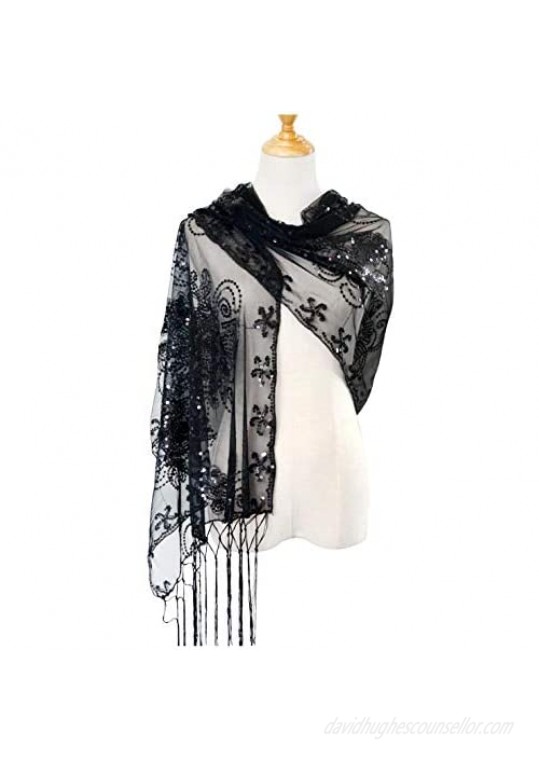 L'vow Women's Glittering 1920s Scarf Mesh Sequin Wedding Cape Fringed Evening Shawl Wrap