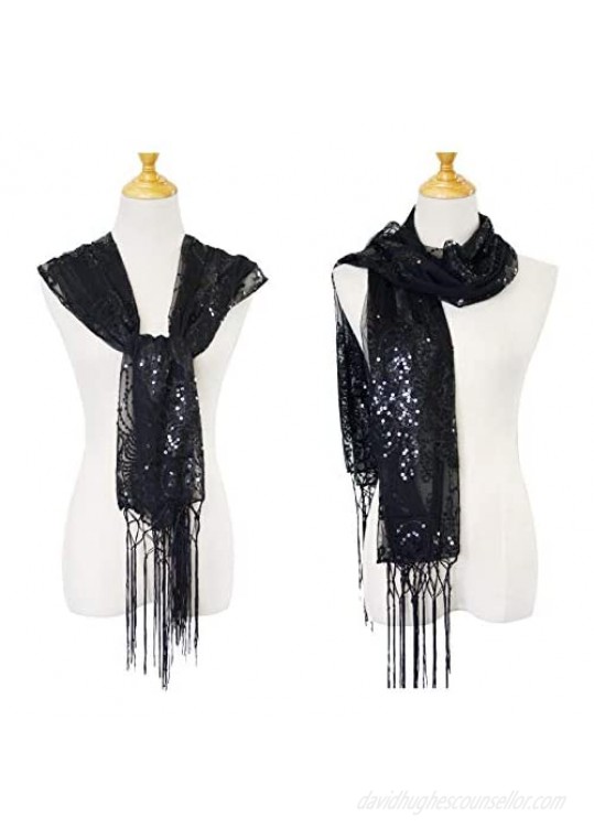 L'vow Women's Glittering 1920s Scarf Mesh Sequin Wedding Cape Fringed Evening Shawl Wrap