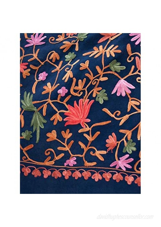 Navy Blue Wool Shawl Embroidered With Pink & Red Flowers Vines & Green Leaves. Pashmina With Crewel Embroidery. Ari