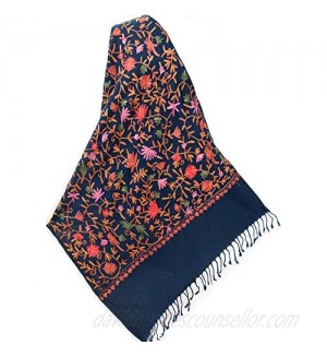 Navy Blue Wool Shawl Embroidered With Pink & Red Flowers  Vines & Green Leaves. Pashmina With Crewel Embroidery. Ari