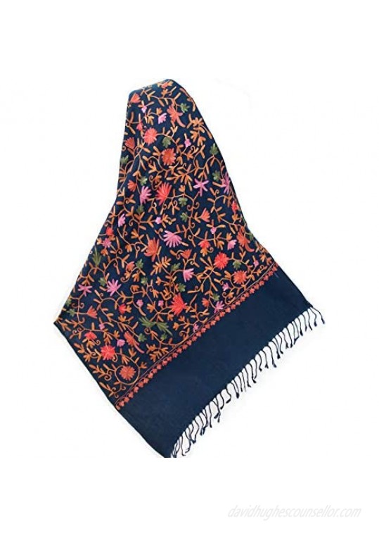 Navy Blue Wool Shawl Embroidered With Pink & Red Flowers  Vines & Green Leaves. Pashmina With Crewel Embroidery. Ari