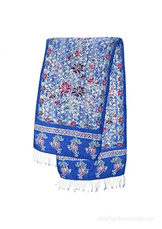 NOVICA Blue and Red Floral Print 100% Silk Batik Shawl Scarf Sapphire Mums'