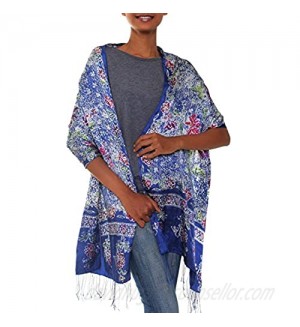 NOVICA Blue and Red Floral Print 100% Silk Batik Shawl Scarf  Sapphire Mums'
