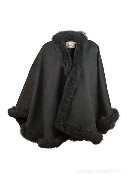 Rugged Andes Trading Company 100% Baby Alpaca Wool Cape with Fur Trim