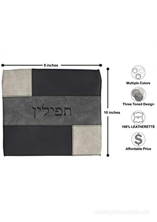 Tallit and Tefillin Bag Set for Jewish Prayer Shawl Zippered Leatherette Bags with Plastic Protection Cover (Black/Beige/Grey)