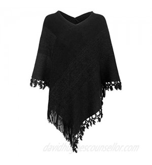 Women Striped Poncho with Tassels Knitted Shawl Scarf Fringed Wrap Sweater Pullover Cape