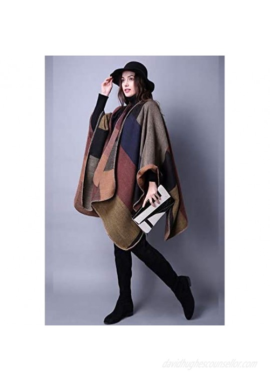 Women's Plaid Sweater Poncho Cape Coat Open Front Blanket Shawls and Wraps