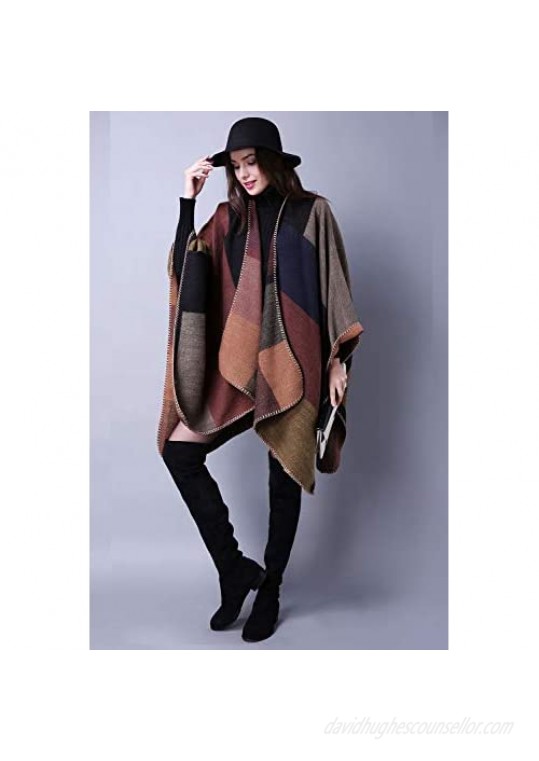 Women's Plaid Sweater Poncho Cape Coat Open Front Blanket Shawls and Wraps