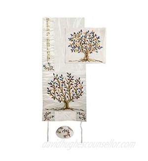Yair Emanuel Multicolor Tree of Life Design Embroidered Raw Silk White Tallit Set