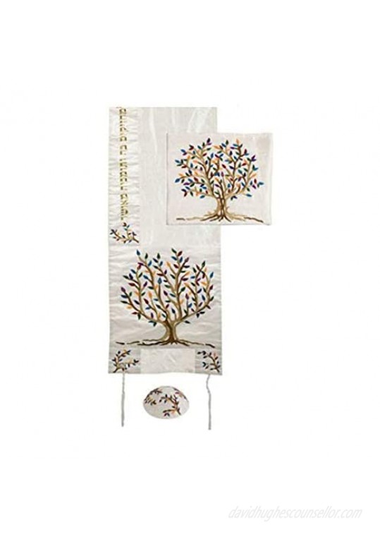 Yair Emanuel Multicolor Tree of Life Design Embroidered Raw Silk White Tallit Set