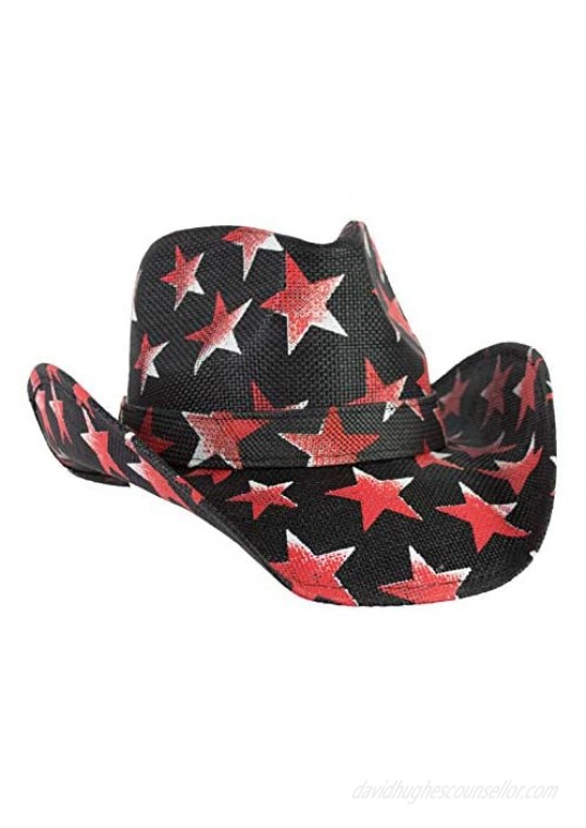 American Patriotic Western Black Straw Cowboy Hat Vintage Style Red & White Stars Shape-able Brim Flex Fit