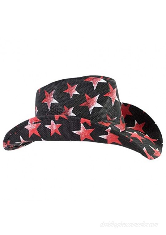 American Patriotic Western Black Straw Cowboy Hat  Vintage Style Red & White Stars  Shape-able Brim  Flex Fit