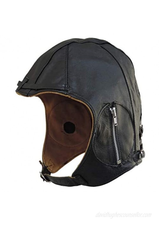 Aviator Black Leather Motorcycle Cap Vintage WWII Hat
