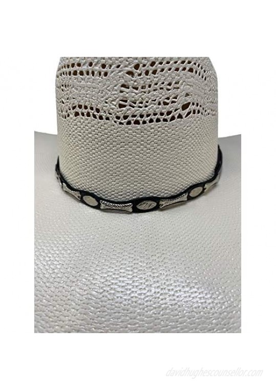 CHAPEAU TRIBE Bangora Straw Tan Western Cowboy Hat with Elastic Band Ventilation Alternating Silver Studded Concho Large
