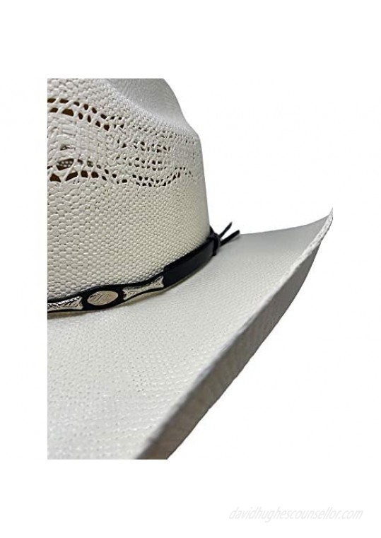 CHAPEAU TRIBE Bangora Straw Tan Western Cowboy Hat with Elastic Band Ventilation Alternating Silver Studded Concho Large