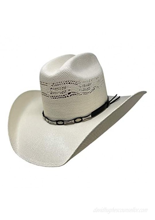 CHAPEAU TRIBE Bangora Straw Tan Western Cowboy Hat with Elastic Band  Ventilation  Alternating Silver Studded Concho  Large