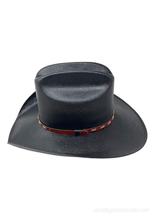 Classic Cattleman Straw Cowboy Hat with Elastic Band Spaced Crossing String Design on Red Hat Band Canvas Black Medium