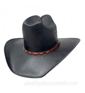 Classic Cattleman Straw Cowboy Hat with Elastic Band  Spaced Crossing String Design on Red Hat Band  Canvas Black  Medium