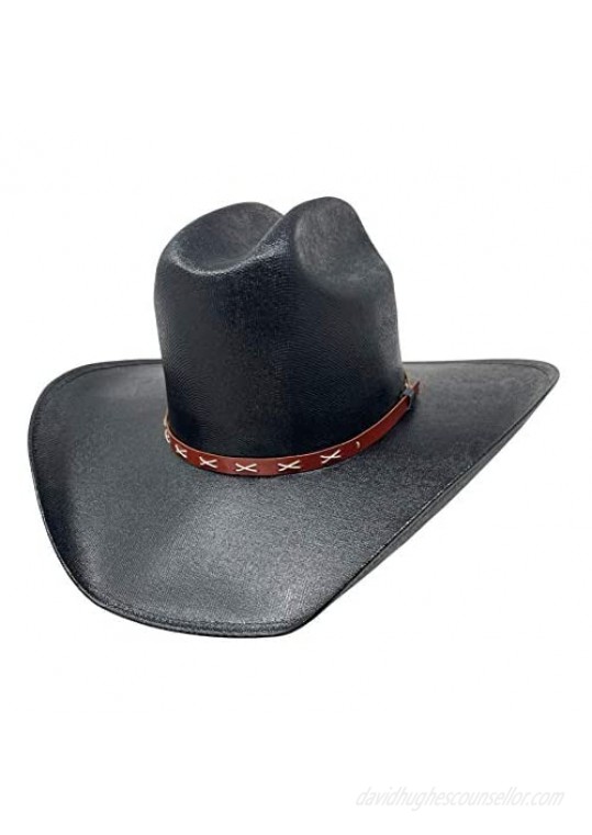 Classic Cattleman Straw Cowboy Hat with Elastic Band Spaced Crossing String Design on Red Hat Band Canvas Black Medium