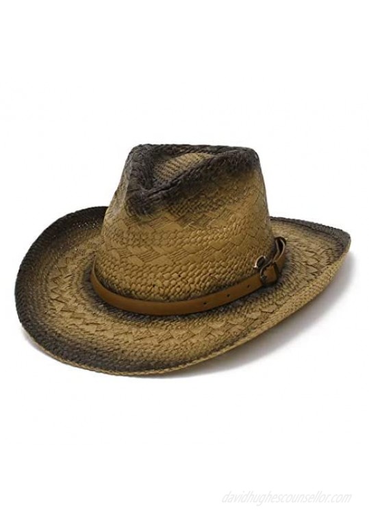 GEMVIE Straw Cowboy Hat for Women Mens Classic Belt Buckle Western Cowboy Sun Hat Roll Up Brim Fedora Straw Cap