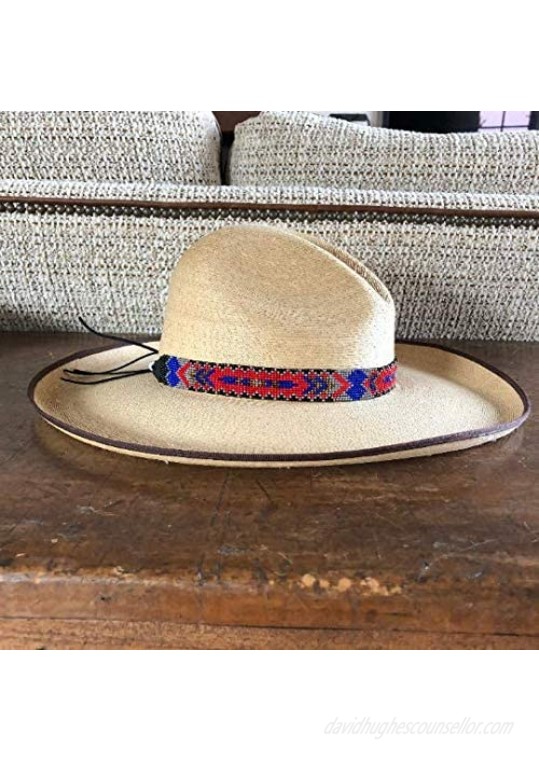 Hat Band Hatbands for Men and Women Leather Straps Cowboy Beaded Bands Blue Red Brown Grey Black Handmade in Guatemala 7/8 Inches x 21 Inches