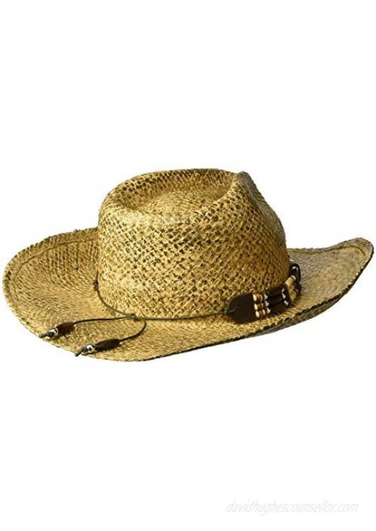 Henschel Burnished Hand Stained Raffia Western Straw Hat with Wooden Beaded Band