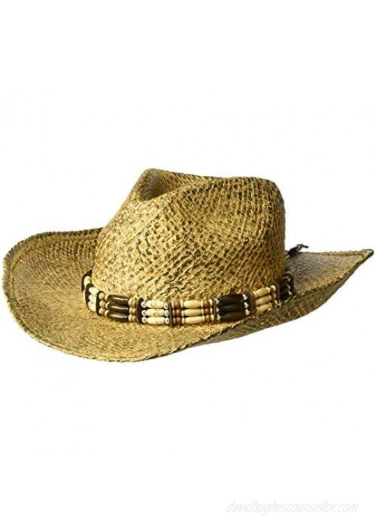 Henschel Burnished Hand Stained Raffia Western Straw Hat with Wooden Beaded Band