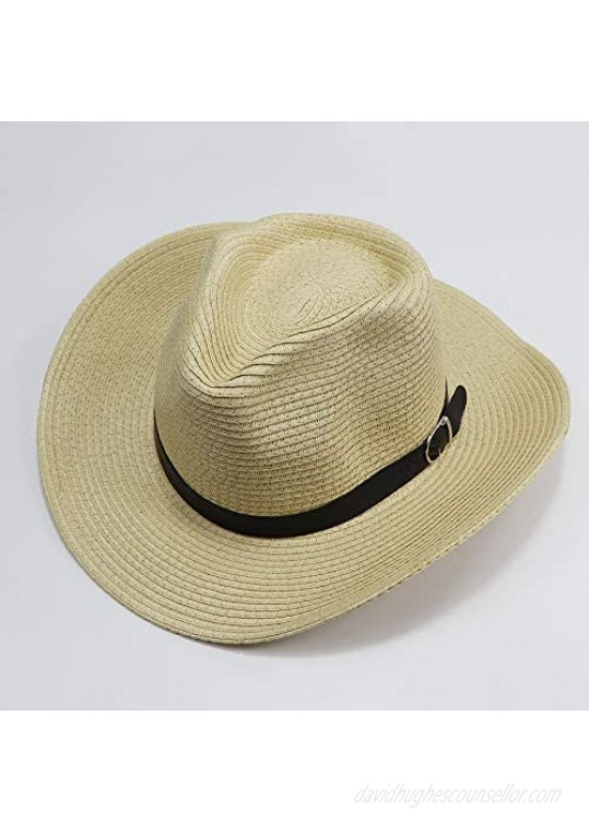 jiaoji Summer Beach Panama Sun Hats Men & Women Wide Brim Cowgirl Straw Cowboy Hat