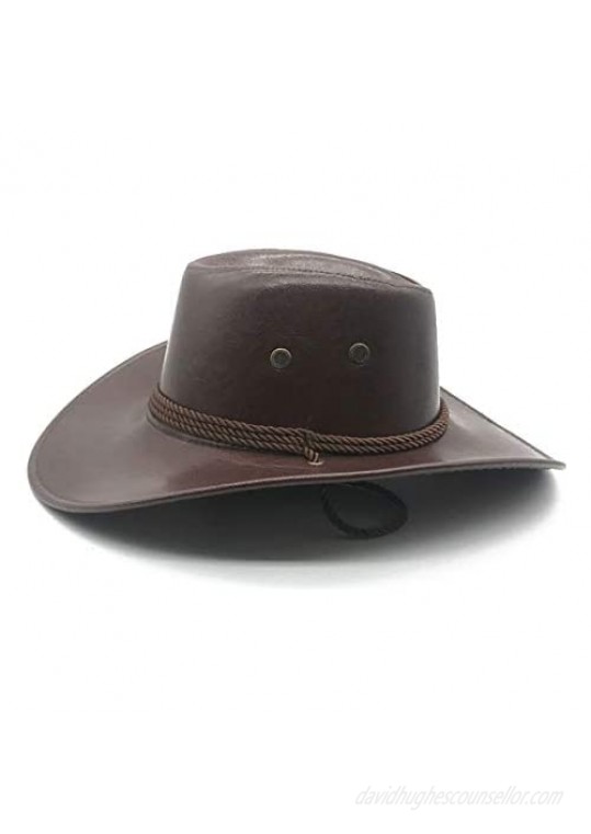 Men Women Faux Leather Western Cowboy Hat Outdoor Cowboy hat Wide Brim Hat with Chin Strap