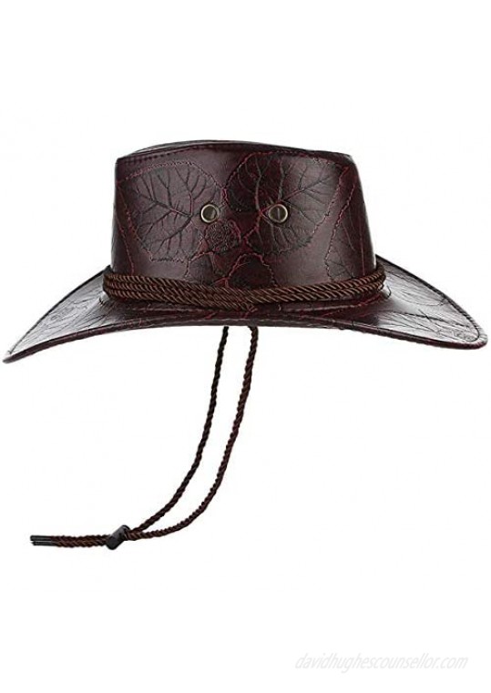 Men Women Faux Leather Western Cowboy Hat Western Style Cowboy hat Wide Brim Hat with Chin Strap