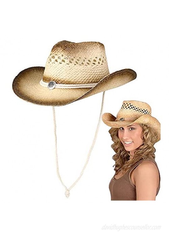 The Dreidel Company Cowboy Straw Hat  Western Vented Tea Stained Straw Cowboy Hat  20" Adult Medium
