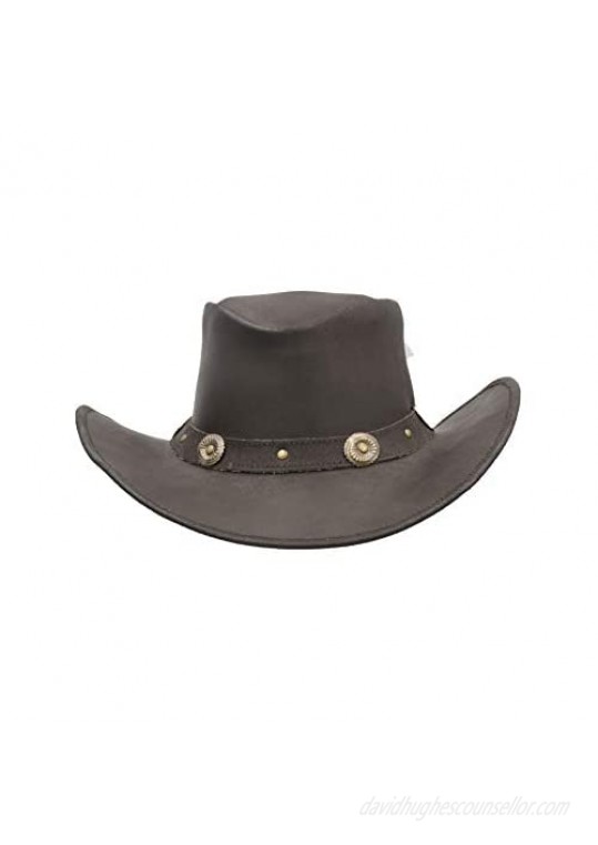 Walker and Hawkes - Leather Cowhide Outback Cowboy Conchos Hat - Dark Brown - S (57cm)