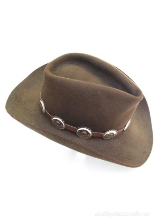 Western Hat Band Brown Leather with 10 Oval Scalloped Conchos 3-pc Buckle Set