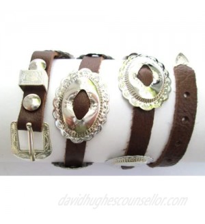 Western Hat Band Brown Leather with 10 Oval Scalloped Conchos  3-pc Buckle Set