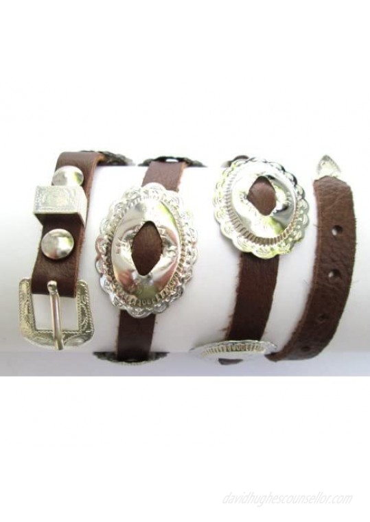 Western Hat Band Brown Leather with 10 Oval Scalloped Conchos  3-pc Buckle Set