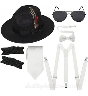 1920s Mens Manhattan Trilby Fedora Hat  Garters Armbands Y-Back Suspenders & Pre Tied Bowtie  Gangster Sunglass