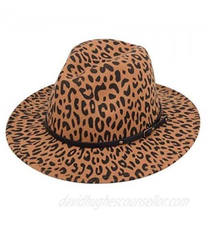 1PCS Men Women Leopard-Print Trilby Fedora Hat with Belt Buckle Flat Brim Jazz Felt Hat Panama Party Formal Hat 56-58cm/22-22.8inch(Khaki)