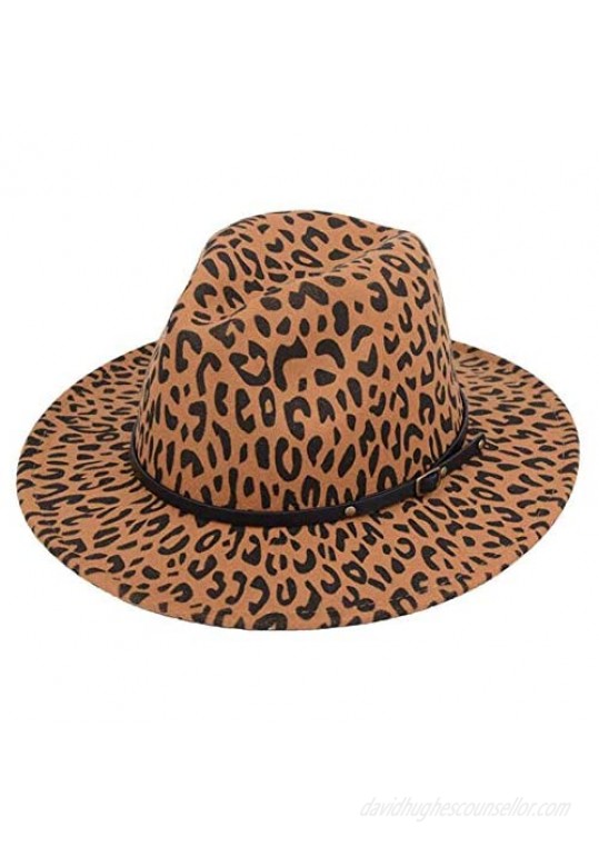 1PCS Men Women Leopard-Print Trilby Fedora Hat with Belt Buckle Flat Brim Jazz Felt Hat Panama Party Formal Hat 56-58cm/22-22.8inch(Khaki)